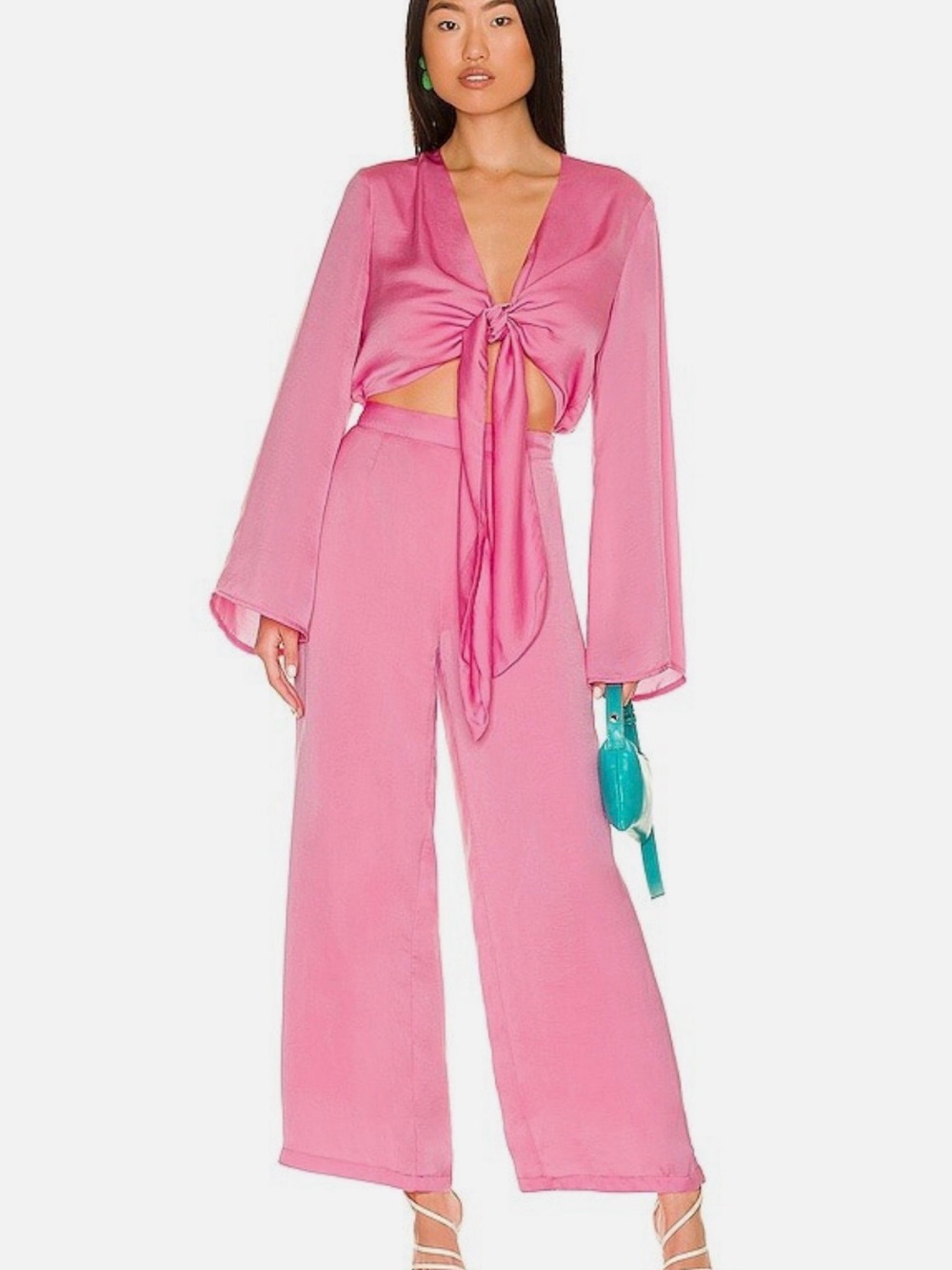 Women's Pink Wide-Leg Tie-Front Jumpsuit